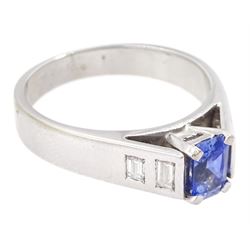 White gold single stone radiant cut sapphire ring, with baguette diamond shoulders, hallmarked 9ct, sapphire approx 0.65 carat