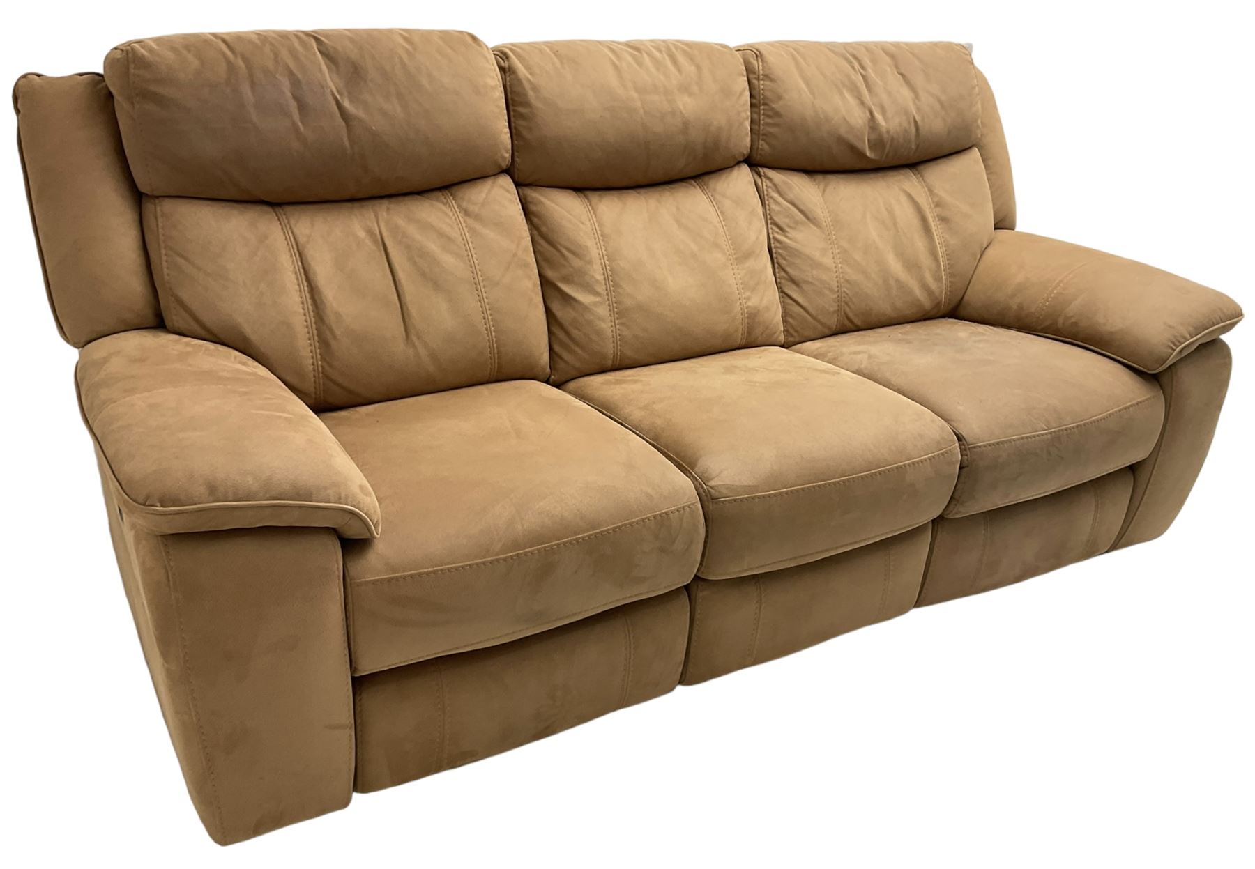 Electric reclining three-seat sofa (W213cm, H100cm) and matching armchair (W109cm) upholstered in brown fabric