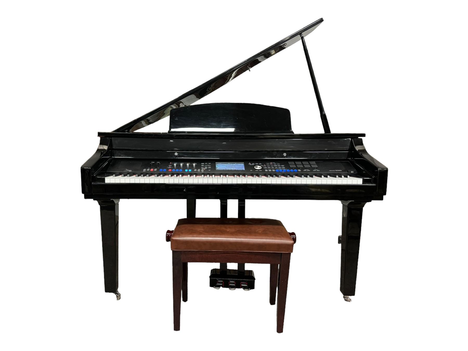 Minster Pianos - Grand 1000 digital grand piano with three foot pedals, touchscreen LCD display, 88 hammer action keys and 8 touch sensitive pads, housed within glossy black lacquered case; adjustable brown upholstered stool