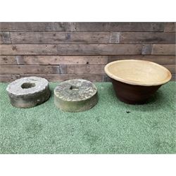 Pair of small stone mill stones and glazed pancheon  - THIS LOT IS TO BE COLLECTED BY APPOINTMENT FROM DUGGLEBY STORAGE, GREAT HILL, EASTFIELD, SCARBOROUGH, YO11 3TX