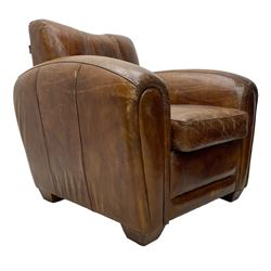 Rockson - club armchair, dished cresting rail over curved arms, upholstered in brown stitched leather, on block feet