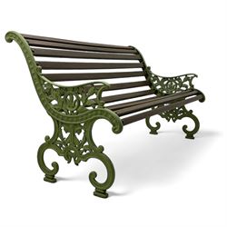 20th century cast iron and wood slatted 'Lilly of the Valley' garden bench, cast iron bench ends of scrolled form decorated with trailing foliage and flower heads, on scrolled supports 