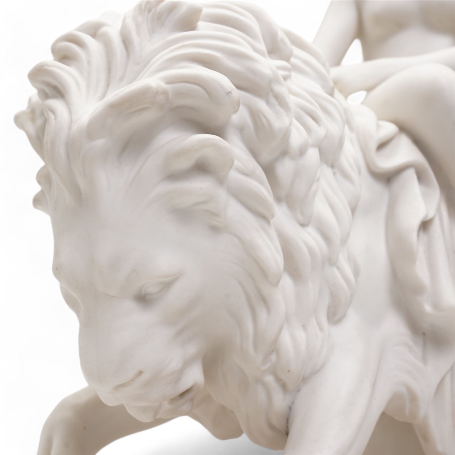 Victorian Minton Parian ware group 'Una and the Lion', designed by John Bell (1812-1895), the nude maiden seated side-saddle astride the male lion, with her fingers holding onto its mane, impressed marks to the rectangular base, L40cm x H37cm