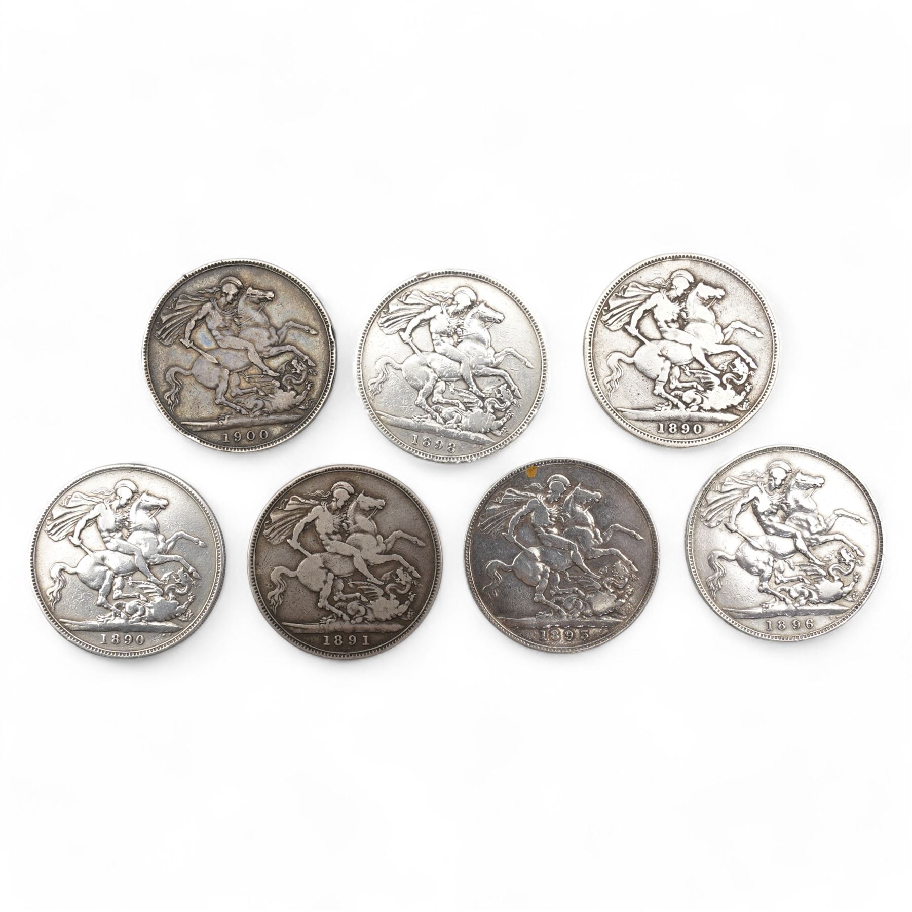 Seven Queen Victoria silver crown coins, dated two 1890, 1891, 1893, 1896, 1898 and 1900