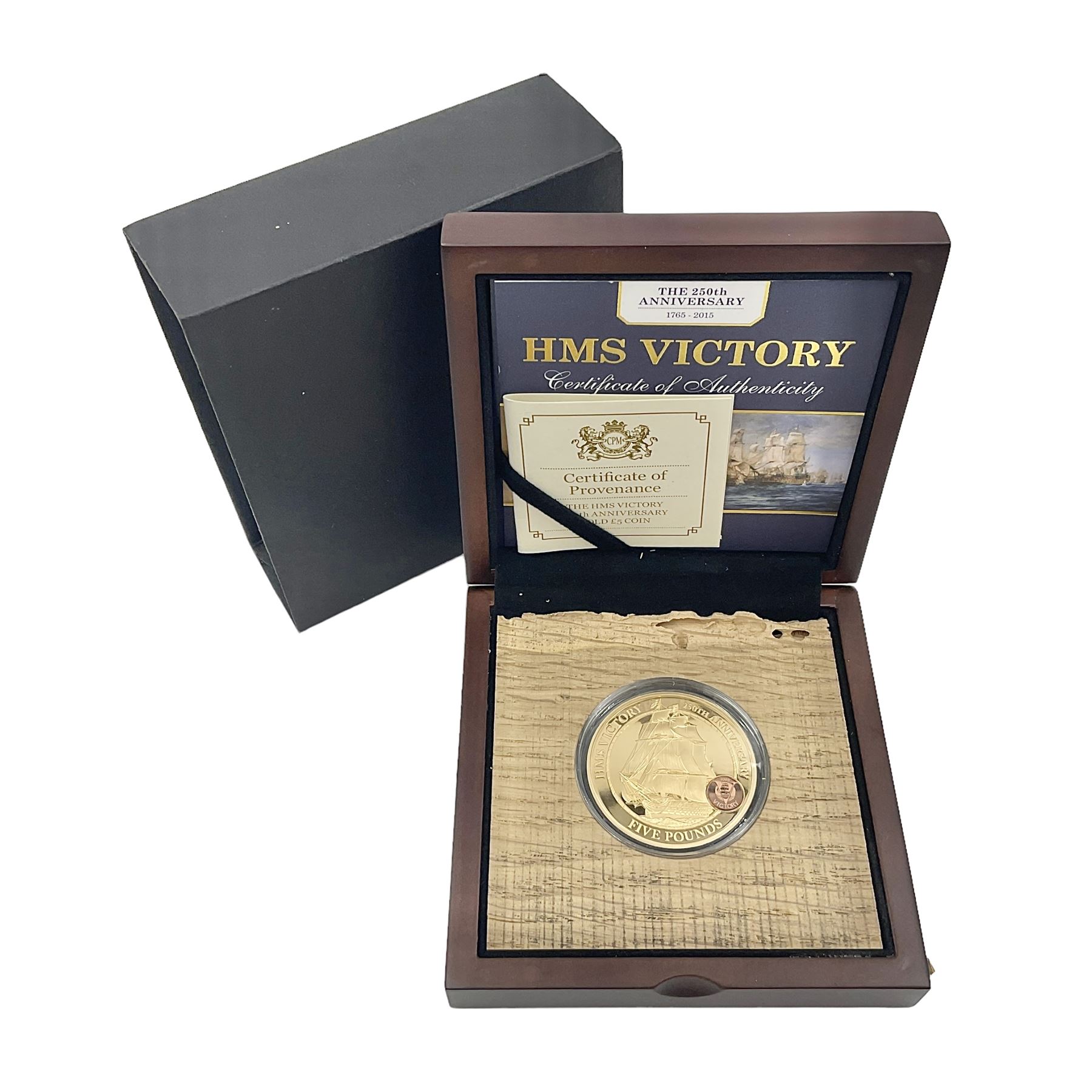 Queen Elizabeth II Bailiwick of Guernsey 2015 'The 250th Anniversary 1765-2015 HMS Victory' gold proof five pound coin, cased with certificate