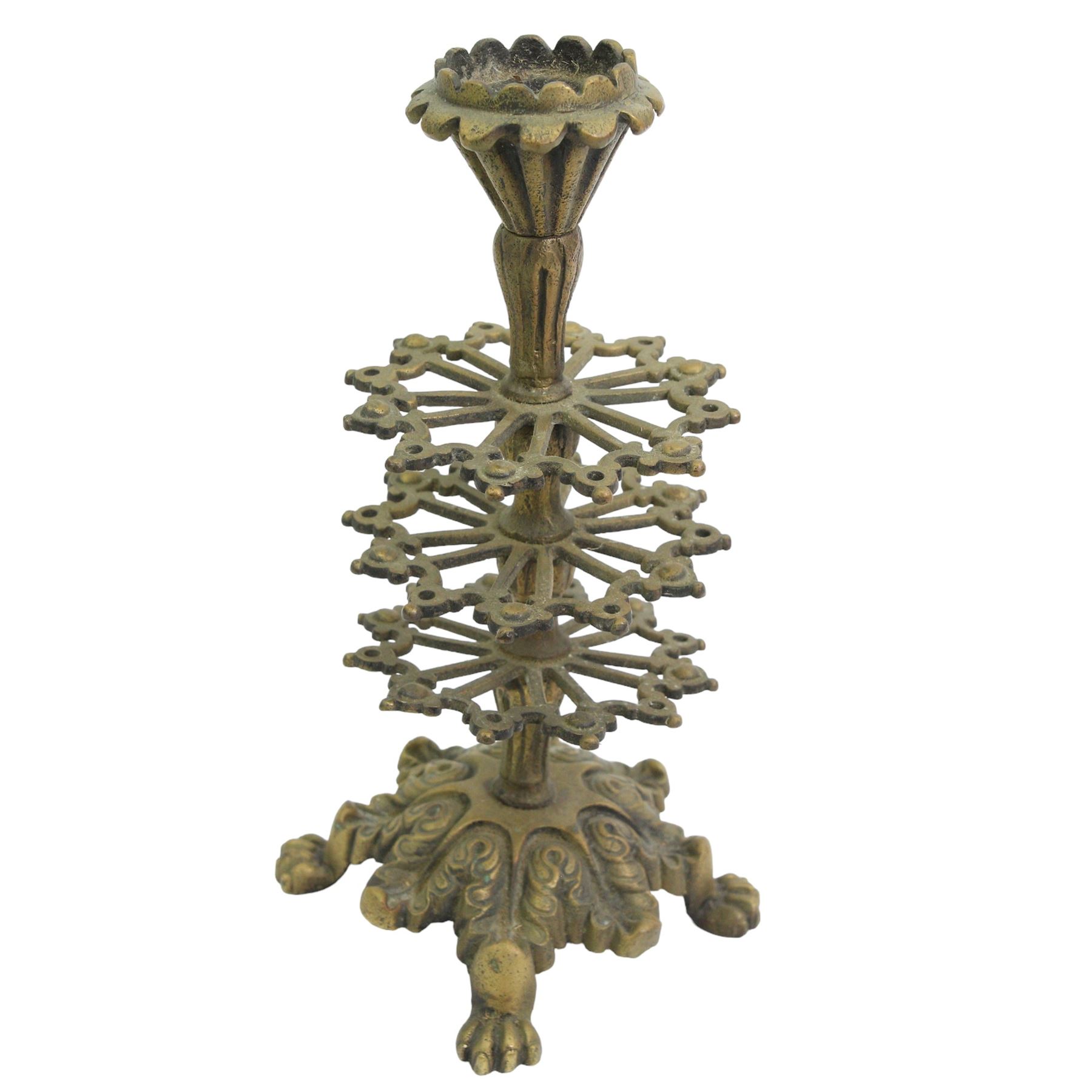 Victorian brass two tier cotton reel stand, with vacant finial of fluted form, on a acanthus cast base with four lion paw supports, H24cm 