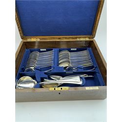 Walker & Hall canteen of plated cutlery for for twelve place settings, all knives with ivory effect handles, within an oak canteen case with a brass shield to the lid, with key, case  