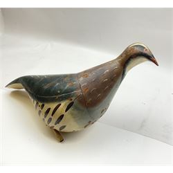 Early 20th century cold painted metal decoy bird, modelled as a Partridge, H34cm L55cm