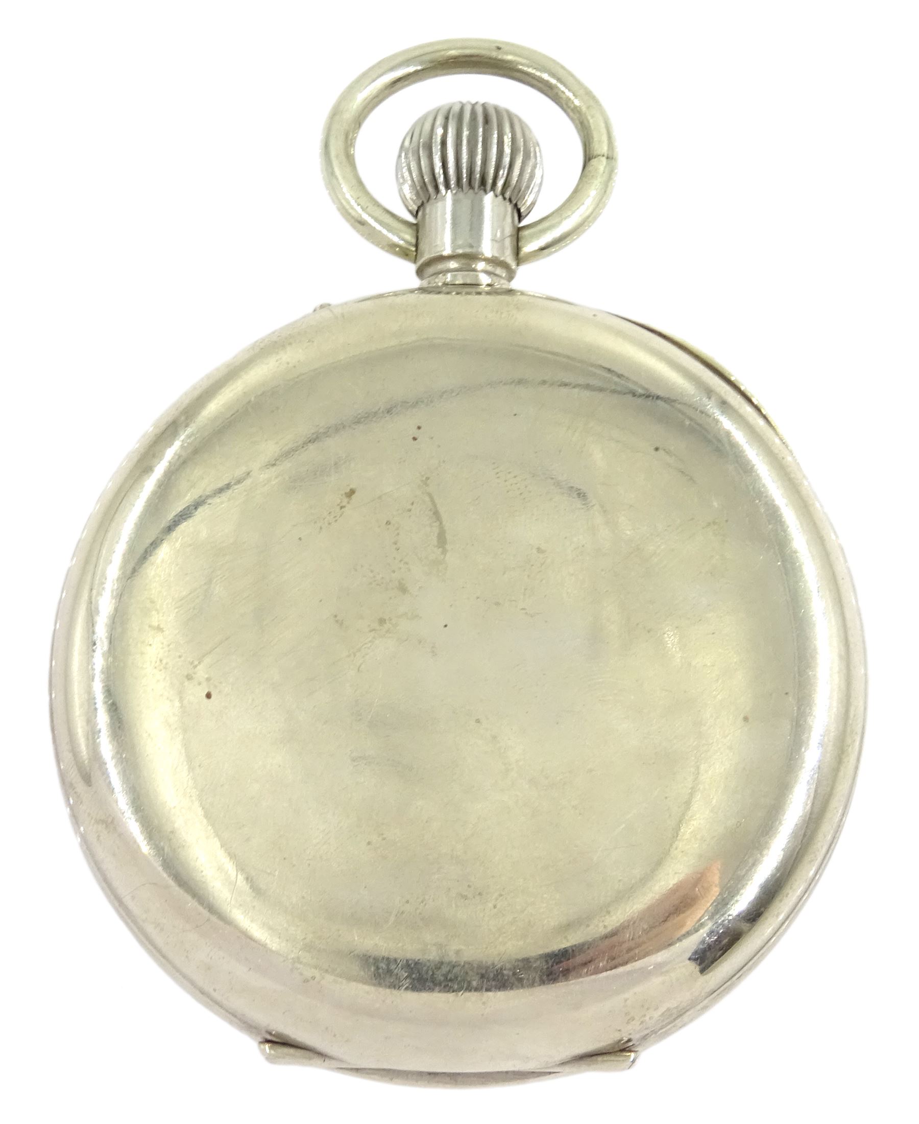 Early 20th century keyless lever 8 days goliath pocket watch by Favre-Leuba & Co, white enamel dial with Roman numerals and subsidiary seconds dial, in silver mounted leather case, with velvet interior, Birmingham 1901