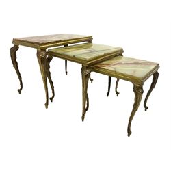 Mid-20th century Italian design onyx and gilt metal nest of three tables, rectangular tops raised on foliate decorated cabriole supports