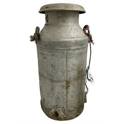 Near pair of antique aluminium milk churns with twin handles, one with Grundy Teddington lid