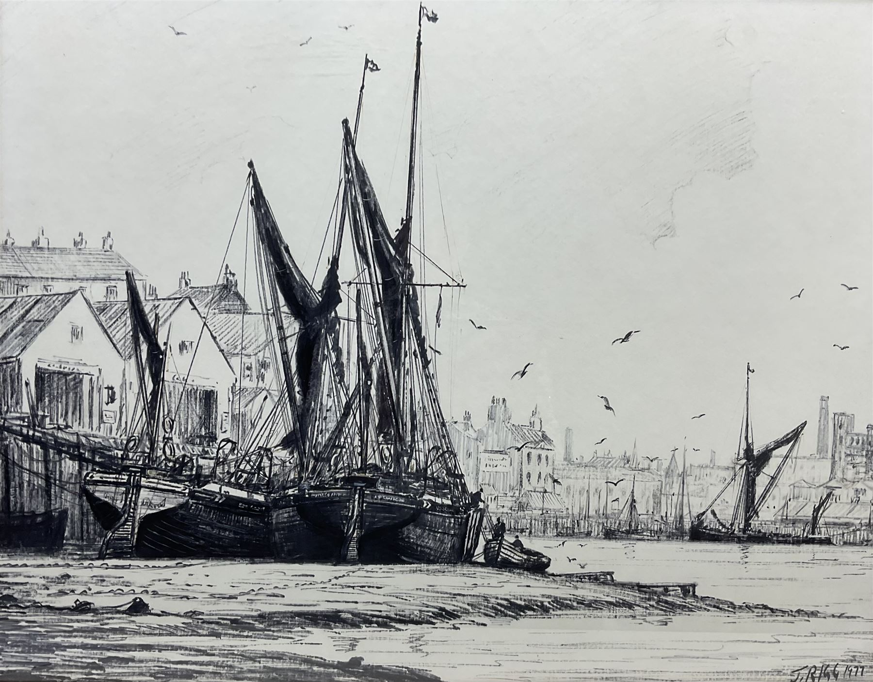 Jack Rigg (British 1927-2023): 'Laid Up' - Sailing Barges on the Thames, monochrome pen and ink signed and dated 1977, titled verso 59cm x 75cm