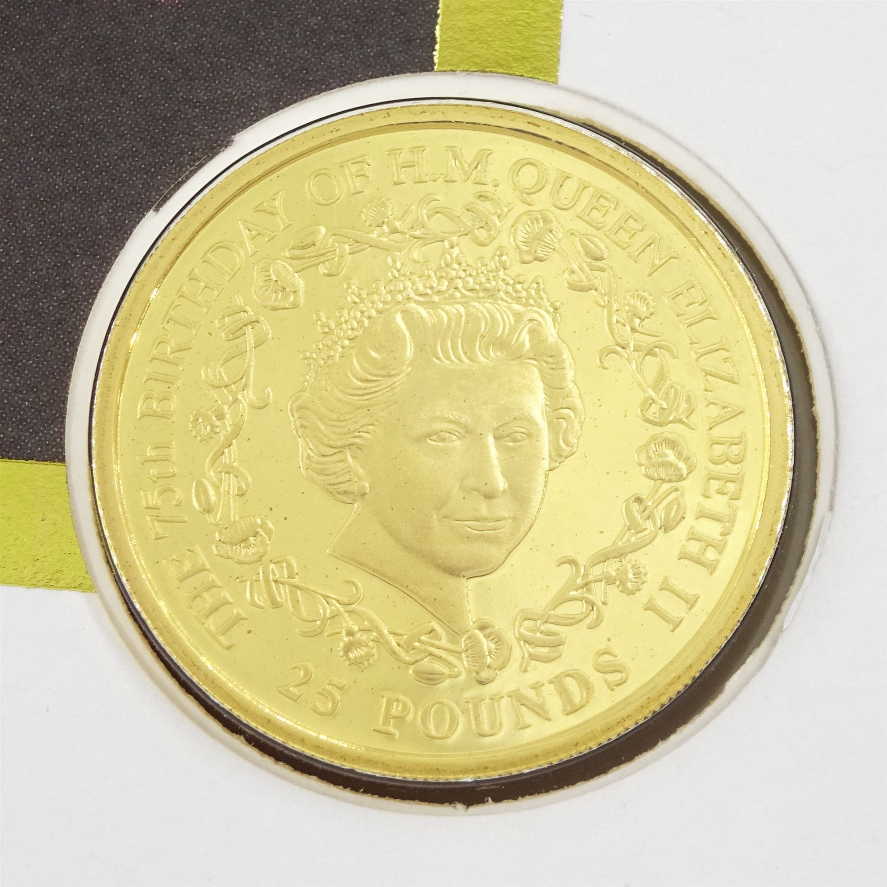 Queen Elizabeth II Bailiwick of Guernsey 2001 gold twenty-five pounds coin, housed in a commemorative cover