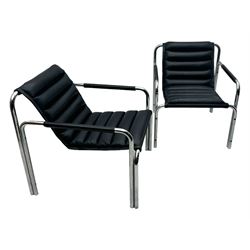 Baroumand Designs - pair of mid 20th century modernist armchairs, slung black leather seat with horizontal channel tufting, tubular chrome frame with curved arms, raised on tubular supports