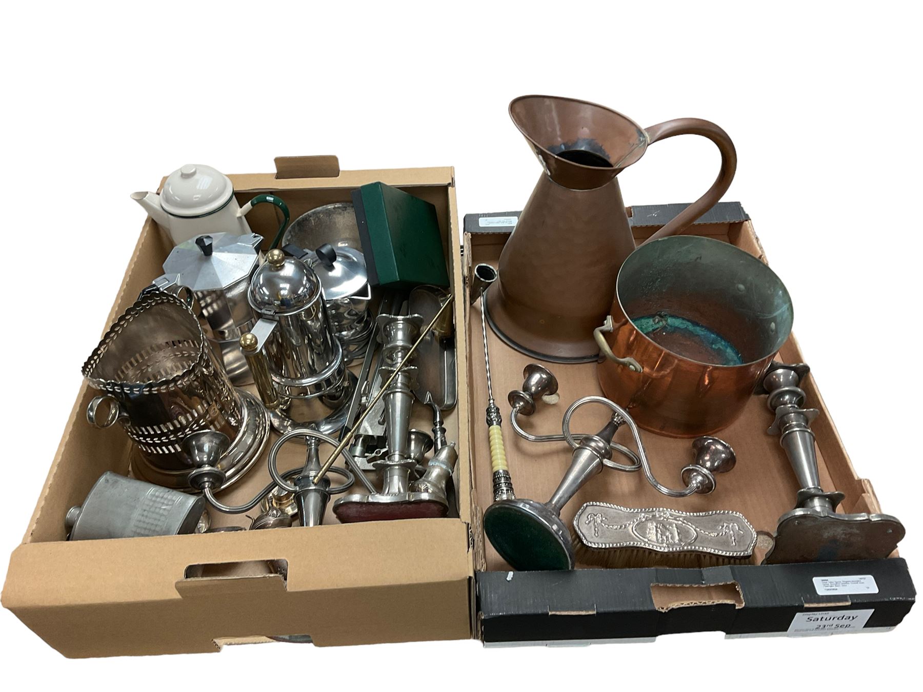 Collection of metal ware, including copper pan, silver plate, brush with silver handle, hallmarked etc 