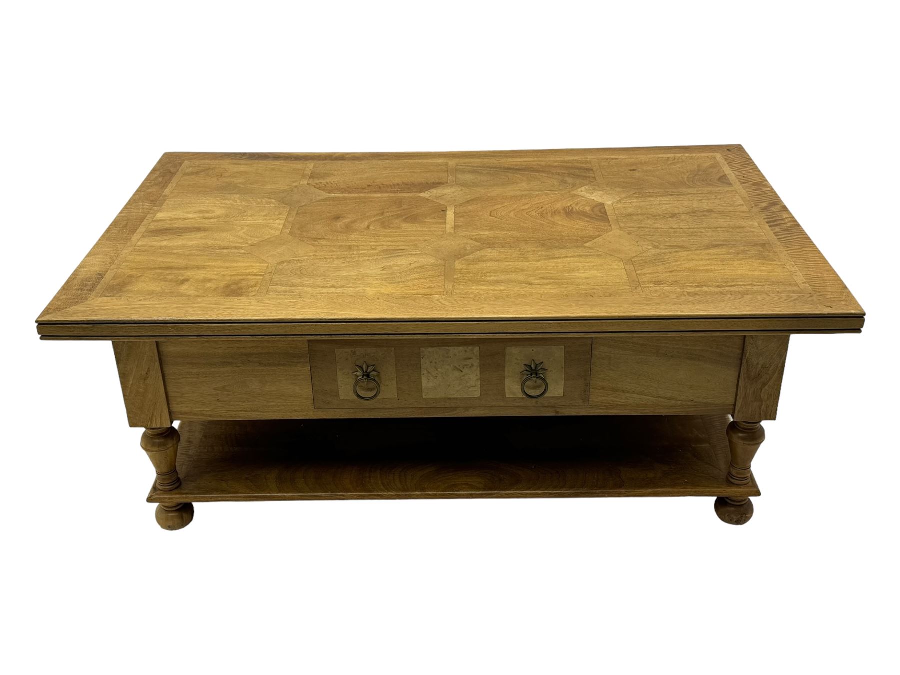 Barker & Stonehouse 'Flagstone' range mango wood coffee table, fluted rectangular top with marquetry inlay, over two drawers with turned supports connecting undertier, raised on bun feet 