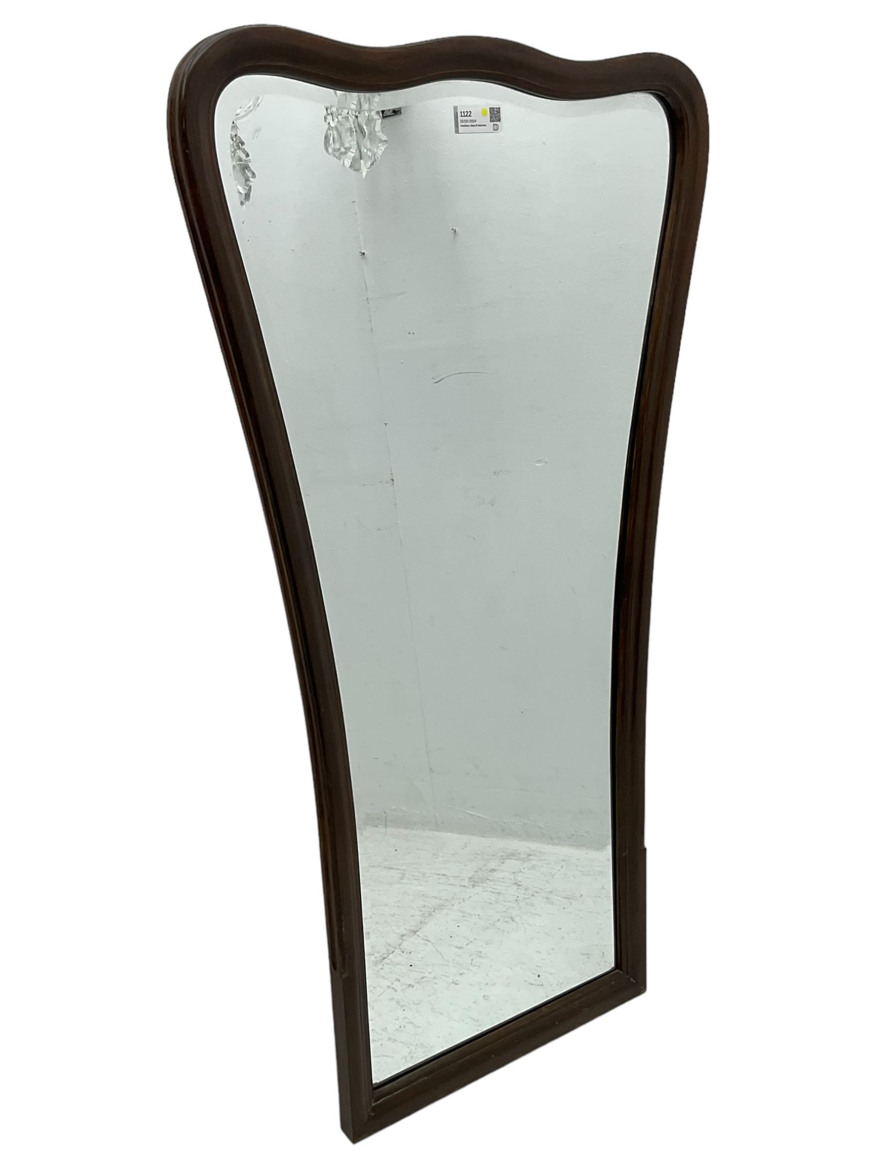 20th century stained beech frame wall mirror, bevelled plate in shaped and moulded frame 