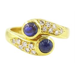 18ct gold two stone cabochon sapphire and pave set diamond crossover ring, stamped 750