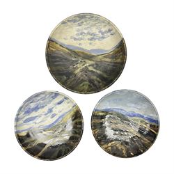 Wendy Abbott Salt; Three studio pottery dishes, decorated in High moorland pattern, largest D34cm 