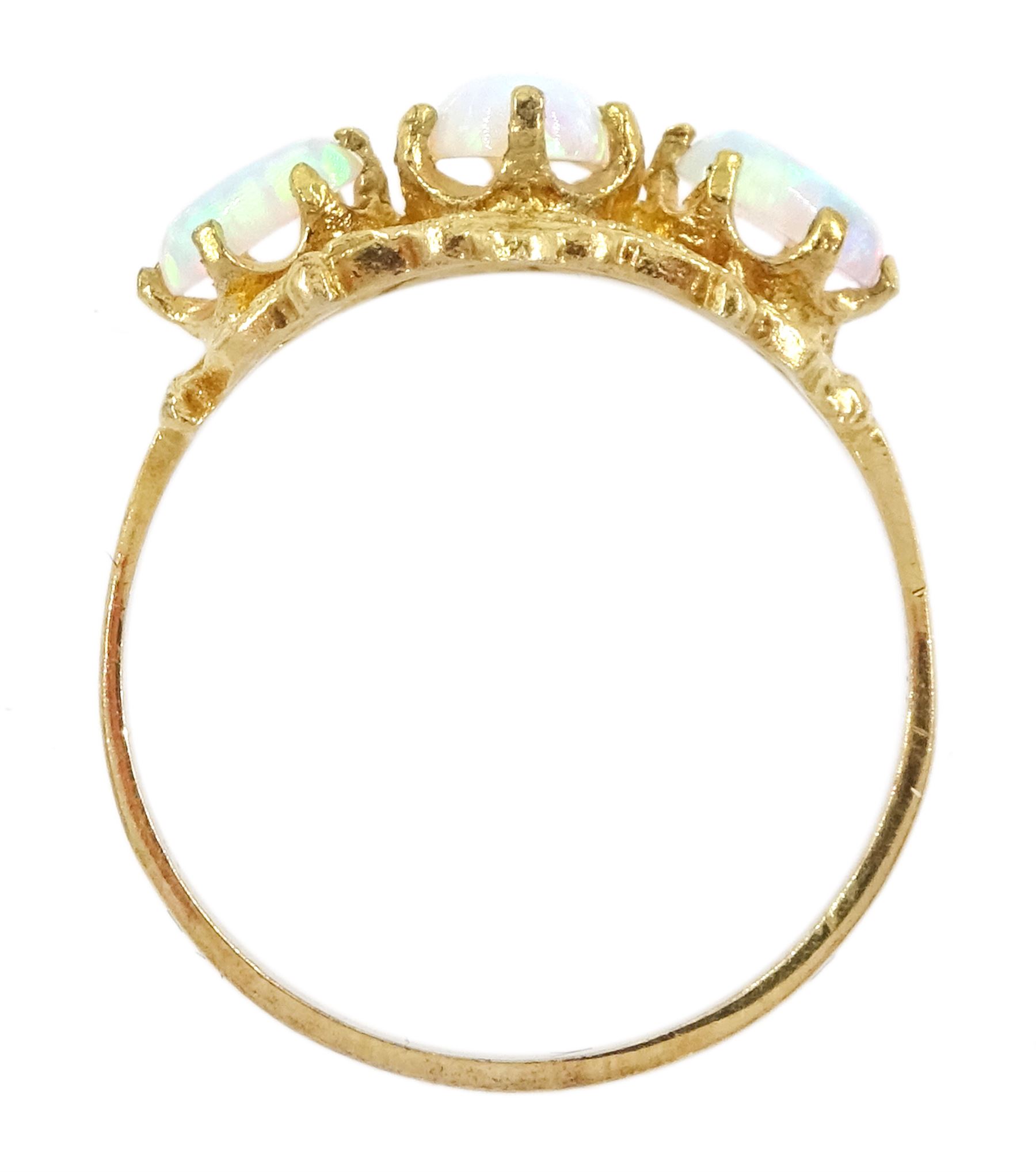 Silver-gilt three stone opal ring, stamped