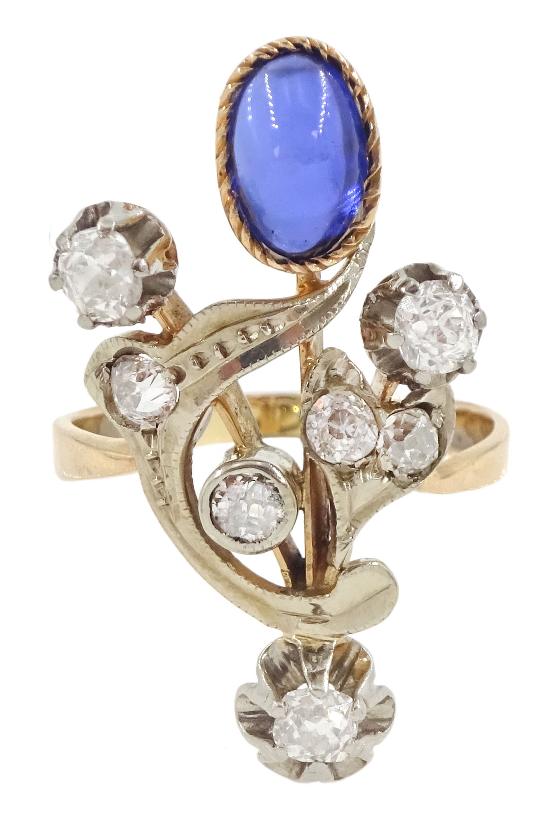 Russian early 20th century 14ct rose and white gold, oval cabochon cut synthetic sapphire and old cut diamond flower design ring, stamped 585 with Soviet star, total diamond weight approx 0.60 carat