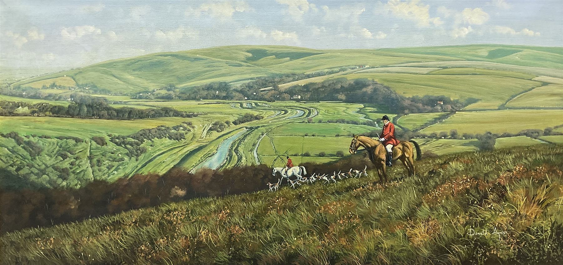 Donald Ayres (British 1936-): Huntsman and Hounds at 'Cuckmere River - Sussex', oil on canvas signed, titled verso 49cm x 99cm
Provenance: private collection, purchased Dee, Atkinson & Harrison 8th July 2005