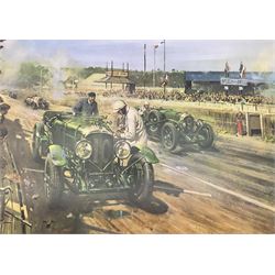 Terence Cuneo (British 1907-1996): 'The Deputy's Deputy', 'Bentley at Le Mans 1929', 'Bentley v Blue Train', and 'Evening Star', four limited edition prints, the first signed in pencil, max 71cm x 91cm (4) (unframed)