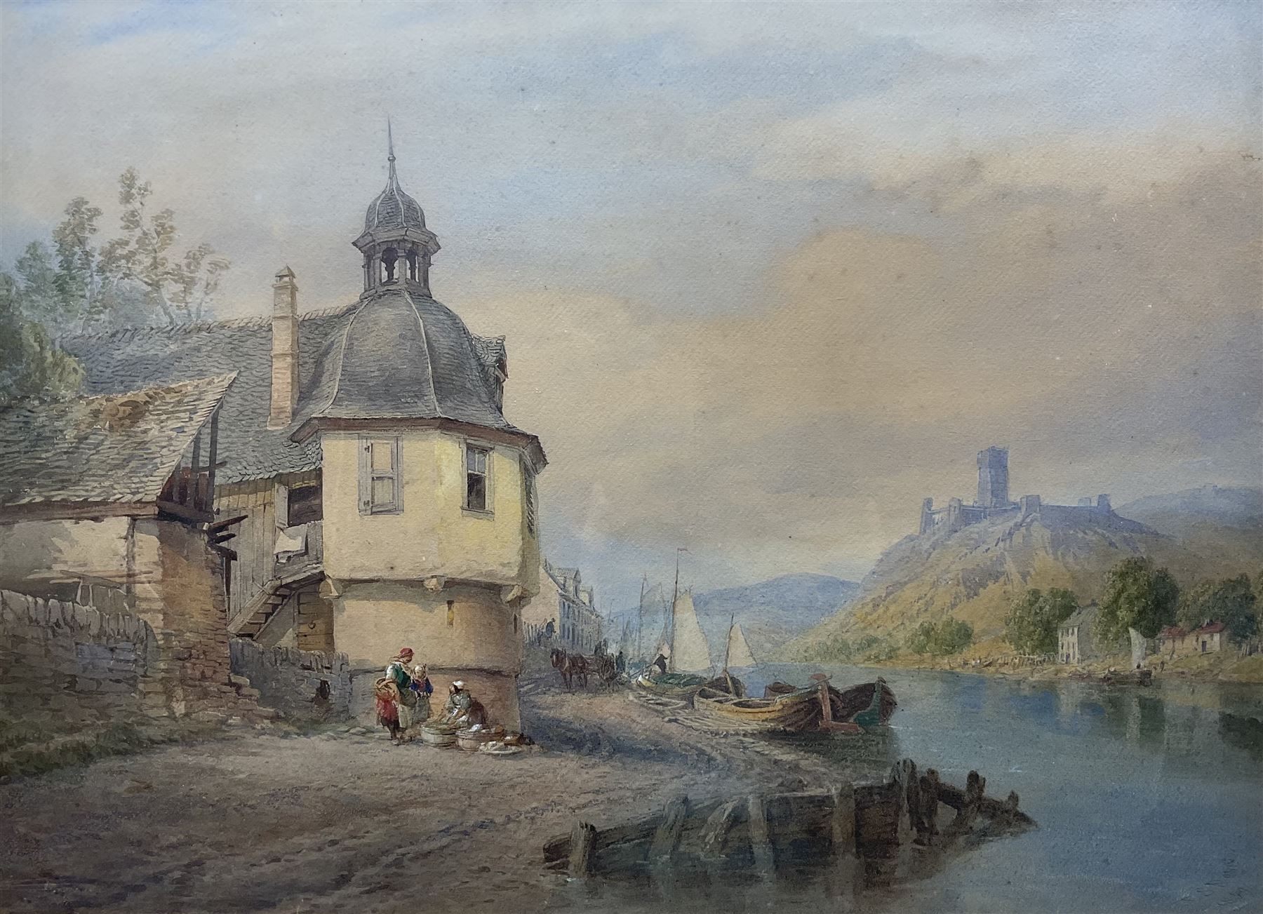 Thomas Sewell Robins (British 1810-1880): On the Rhine with Castle in Background, watercolour signed and dated 1859, 47cm x 65cm