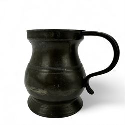 18th century pewter tankard, circa 1770, with scroll handle and acanthus leaf thumbpiece, touch marks and crowned X, H13cm, together with a Victorian 1/2 pint pewter measure, touch marks, weights and measures inspector verification mark (2)