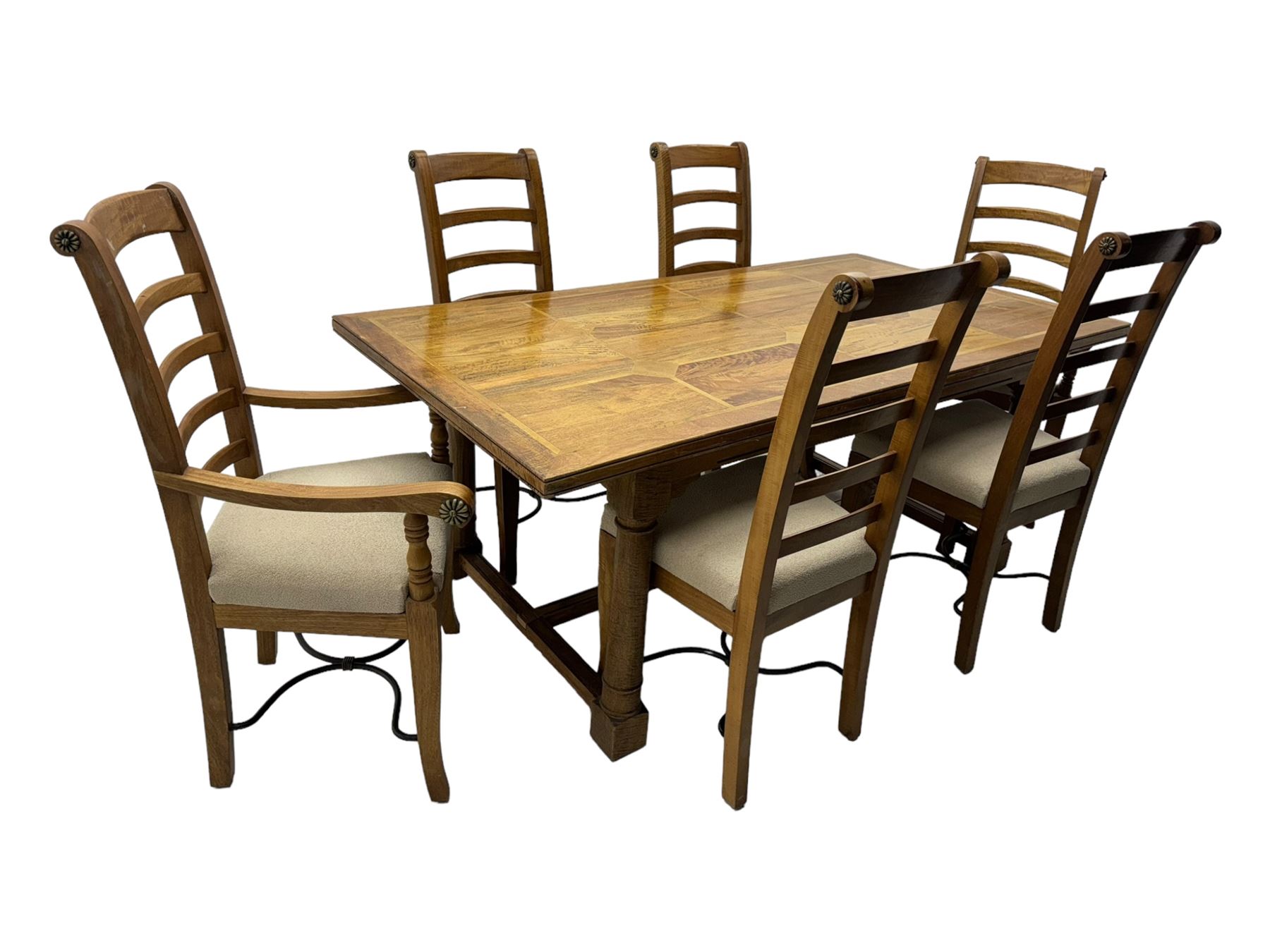 Barker & Stonehouse 'Flagstone' range mango wood dining table, fluted rectangular top with marquetry inlay, raised on turned supports connected by fluted H-stretcher; six (4+2) slatted-back chairs with beige upholstered seats H112cm 