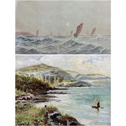 Watson (British early 20th century): Seascape, watercolour signed and dated 1910, 20cm x 34cm; T Joelson (British early 20th century): Coastal Seascape with Figure and Sailing Boat, oil on canvas signed and dated 1911, 30cm x 40cm (2)