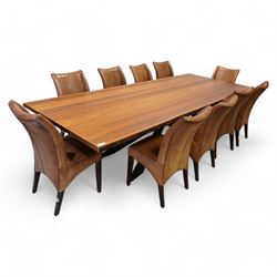 Large walnut finish dining table, rectangular top on sculptural metal base; together with ...