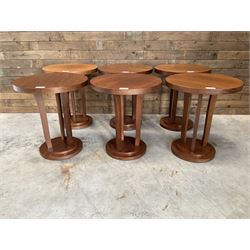 Six walnut circular bar or bedroom occasional tables