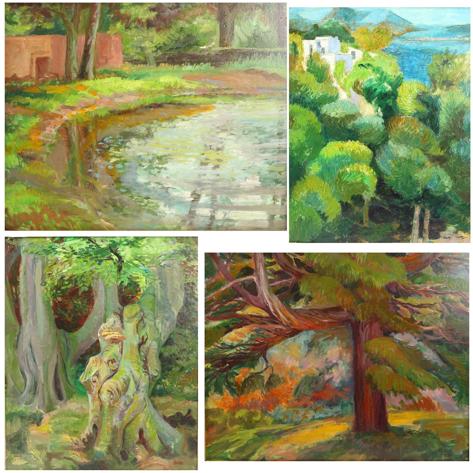 Joan Kisby (British 20th Century): Impressionist Forest Scenery, four large oils on board variously signed max 63cm x 49cm (4)