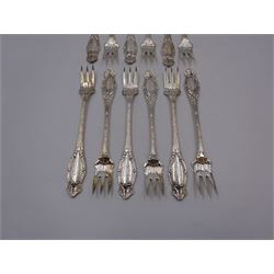 Set of twelve American silver oyster/pickle forks, three pronged forks, the stem decorated with ribbon banding and foliate border surrounding an engraved initial, stamped Sterling 