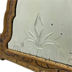 19th century painted pine and gesso wall mirror, stepped arch frame enclosing mirror plate with bevelled stylised leaf decoration and bevelled edge, the frame carved with scrolling leafy branches and painted with black detail, foliate moulded outer edge