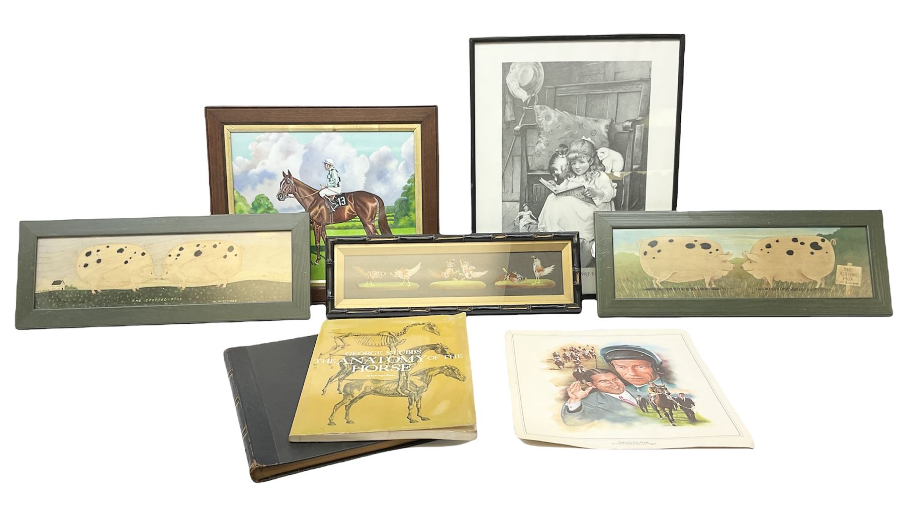 L Howe (British 20th century): Portrait of Racehorse and Jockey, watercolour signed; pair prints of Spotted Pigs and three further prints (6)