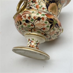 Early 19th century Derby campagna vase, with twin gilt serpent modelled handles and raised upon a spreading circular foot, decorated in the Imari pattern, with painted mark beneath, H21cm