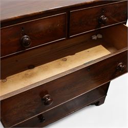 19th century mahogany chest, rectangular moulded top, fitted with two short over three long graduating cock-beaded drawers, on bracket feet