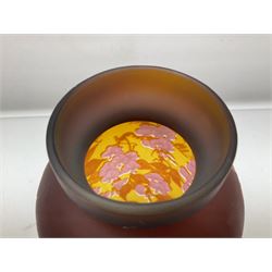 Art Nouveau style glass vase, in the style of Galle, the tapering body decorated with trailing red and pink foliage on a yellow ground, H33cm