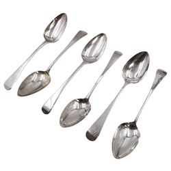 Six George III silver Old English pattern table spoons, including Newcastle silver example, with engraved initial to terminal, hallmarked Dorothy Langlands, Newcastle 1813, the five other examples all hallmarked London, dated between 1804 and 1818,  by various makers including Peter & William Bateman