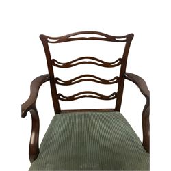 Set of twelve (10+2) Chippendale revival stained beech dining chairs, pierced waived ladder backs with over-stuffed over seats, on square moulded supports joined by stretchers