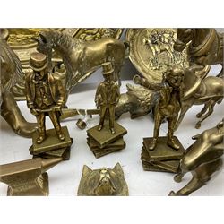 Large brass sculpture, together with a quantity of metalware, including brass tiger with gaping mouth, copper horn, brass dog with a pheasant , collection of brass horses, brass door knocker etc, sculpture H80cm