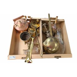 Copper kettle, together with brass jardiner, coal scoop and other metalware 