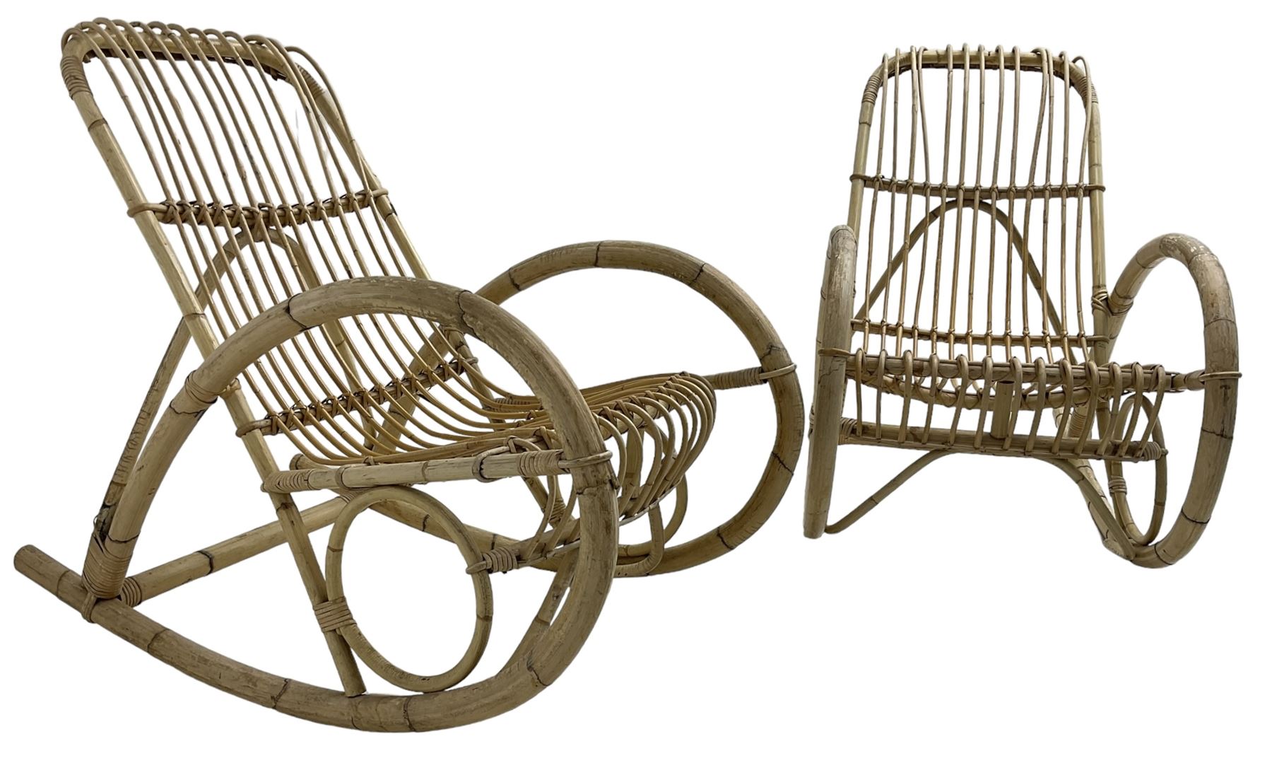 Pair of mid-20th century bamboo rocking chairs, in the style of Rohé Noordwolde