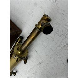 19th century brass reflecting telescope by Dring & Fage, London, the cylinder with inter-changable eyepieces and mounted with sighting scope, contained within wooden box, cylinder diameter 4.5in, length (without lens) 52in 