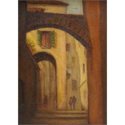 Continental School (19th Century) View Through the Archways, oil on board unsigned, in 19th century gilt frame 35cm x 25cm; German School (20th Century): Forest Path, oil on board indistinctly signed and dated 1842, 24cm x 34cm (2)