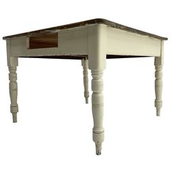 Victorian painted pine kitchen table, polished top on painted base, turned supports