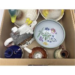 Two hen on nests, one modelled as a hen, one modelled as a duck, Wedgwood Jasperware lidded box, motto ware bottle and a collection of other ceramics, glassware etc, in four boxes 