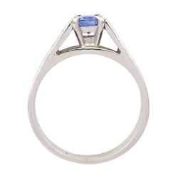 White gold single stone radiant cut sapphire ring, with baguette diamond shoulders, hallmarked 9ct, sapphire approx 0.65 carat